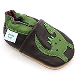 Dotty Fish weiche Leder Babyschuhe mit rutschfesten Wildledersohlen. Kleinkind Schuhe. Krabbelschuhe. Jungen. Braune und grüne Dinosaurier. 2-3 Jahre (25 EU)