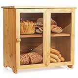 Tobeelec Brotkasten Bambus 2 Etagen, Brotkasten Holz groß Doppeldecker mit Transparent Acrylfenster,Brotschränkchen/Brotbehälter Herausnehmbare Abtrennung,Einfach und Schnell Montiert(36x22x34cm)