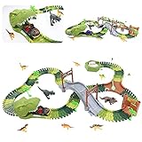 TONZE Dinosaurier Spielzeug Autorennbahn Rennbahn Jurassic Park Cars Spielzeug Geschenk für Kinder 3 4 5 6 Jahren Mädchen Jungen mit 1 Auto Elektroauto und 8 Dinosaurier Fig