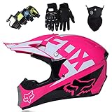 Motocross Helm, Pro Kinder Adult DH Fullface Motorrad Cross Helm Set (Brille Handschuhe Maske) für MTB ATV Roller Downhill Offroad - DOT - mit Fox Design - Persönlichkeit cool - Rosa,L