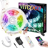 LED Strip 5M VITCOCO Bluetooth LED Streifen Kit RGB 5050SMD 150 LEDs Farbwechsel selbstklebend LED Lichtleiste Sync mit Musik, mit 24 Tasten Fernbedienung +12V Netzteil für Haus, Party Dek