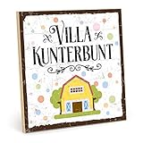 TypeStoff Holzschild mit Spruch – Villa KUNTERBUNT – im Vintage-Look mit Zitat als Geschenk und Dekoration (Größe: 19,5 x 19,5 cm)