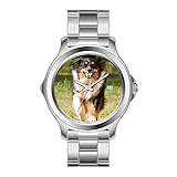 FDC Uhren Herren Mode Japanisches Quarz Datum Edelstahl Armband Uhr Australian Shepherd spielt mit Ball Armb