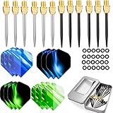 Ohaoduo 12pcs Edelstahl Dartpfeil-Spitzen Schwarz,Silber,Gold 2BA Steel dartpfeile Spitzen Metall，Steel Dart Tip + 12 pcs Dartpfeil-Flights und Dart gummiring in Aluminiumbox (12pcs jintou)