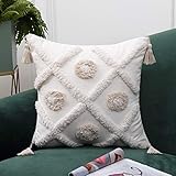 CAROMIO 1 Stück Dekorative Kissenbezüge Boho Kissenbezug Chenille Dekokissen Getuftete Kissenhülle mit Verstecktem Reißverschluss für Sofa Wohnzimmer Schlafzimmer 45 x 45cm 18 x 18 Zoll Beige + Weiß