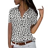 AmyGline Oberteile Damen Bluse Groß Größe Drucken V Ausschnitt Kurzarm Knopf Hemd Kurzarm T-Shirt Chiffon Top Freizeitbluse Sommerblusen Hemden S