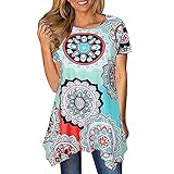 Damen Casual Fashion Blumendruck Kurzarm Rundhals T-Shirt Pullover Basis Hemd Persönlichkeit Unregelmäßiger Saum Lose Allgleiches T-Shirt S