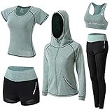 BOTRE Damen Traingsanzug Yoga Kleidung Anzug 5er-Set Sportanzüge Jogginganzug Gym Fitness Kleidung Laufbekleidung Sportswear Sport Yoga Outfit Damen BH Leggings Set (Grün, Large)