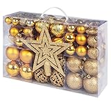 Adorfine 101 teilig Weihnachtskugel Set Christbaumkugeln Baumschmuck mit Gold Christbaumspitze Sterne Kiefernzapfen Weihnachtsbaumschmuck Kunststoff Baumkugeln Weihnachtsdeko (Gold)