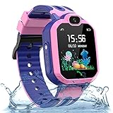 Kinder Smartwatch Telefon Uhr, Smartwatch Kinder Wasserdicht für Jungen und Mädchen, Smartwatch mit SOS, LBS, Sprachchat, Kamera, Zahlenspiel (Rosa)