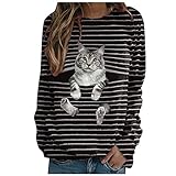 YANGQI Top Damen Sexy Glitzer 3D Cute Katze Gestreifte Jalousien Dreidimensionales Muster Rundhals-Lang