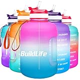 BuildLife 2,2 l Motivierende Wasserflasche mit breiter Öffnung mit Strohhalm und Zeitmarkierung für tägliches Trinken, BPA-frei, wiederverwendbar, für Fitnessstudio, Sport, Outdoor (Rosa/Blau, 2.2L)