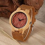 YJRIC Holzuhren Holzuhr für Frauen Quarzbraunes   Lederarmband Einzigartige Kunst Rot Design Analog Holz Armbanduhr Lady Elegante U