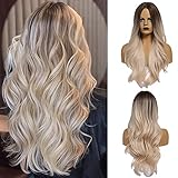 DBXOKK Dunkelbraun auf Platin, Ombré-Perücke, lang, blond, gewellt, synthetische Perücke für Damen, modische Mittelscheitel-Perücke für Cosplay, Party