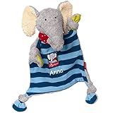 Sigikid Schnuffeltuch Elefant mit Namen Bestickt, Baby & Kinder Schmusetuch personalisiert, Kuscheltuch Geschenkidee Mädchen / Jungen, Lolo Lombardo, Blau, 48935