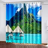 DRFQSK Gardinen Wohnzimmer Schlafzimmer 3D Green Mountain Beach Resort Muster Blickdichter Vorhang Verdunkelungsvorhänge 270 X 150 cm（H X B） Ösenvorhang 2Er Set Fensterdekoration Vorhänge Blick