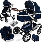 KESSER® Loops 3 in 1 Kinderwagen Kombikinderwagen komplettset incl. Babywanne & Buggy Sportsitz & Auto-Babyschale - Voll-Gummireifen - Wickeltasche/Regenschutz/Kindertisch Set, Blau/Silb