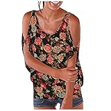 MRULIC Damen Oberteile Kurzarm Schulterfrei Rundhals Blumen Drucken BöHmen Flowers Casual Loose Sommerbluse Frauen T-Shirt Pullover Hemd Tuniken Tops(Dunkelgrau,M)
