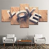 GHYTR Bilder 5 Teilig Leinwandbilder Mit Rahmen Liebe Block Buchstaben Holzwürfel Leinwanddrucke 5 Stück Wandkunst Leinwand Bilder XXL Wohnzimmer Wohnkultur 150X80Cm Geschenk