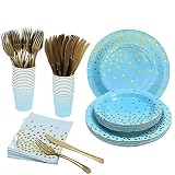 Geburtstagsteller, Blau, 145 Teile, Einwegbesteck, Servietten, Papierstrohhalme, Party, Hochzeit, Jahrestag, Weihnachten, Pappteller (Blau + Gold)