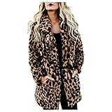 Darringls Leopard Mantel Damen Lang Elegant Revers Plüschjacke Kunstpelzmantel Winter Warm Strickjacken Lang Damen Leicht Winterparka Pelzmantel Mode Trenchcoat Overcoat Übergangspark