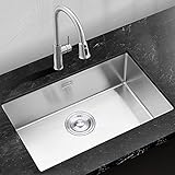 QHW Küchenspüle, großer Einzeltank 304 Edelstahl-Waschtopf, handgefertigte Spüle, eingelassene Montage, Kalt-/Warmhahn, Niedrigwasserrohr-Kit (mehrere Größen)