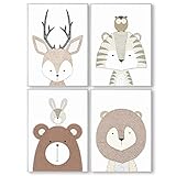 Pandawal Bilder Kinderzimmer Babyzimmer Waldtiere Deko grau Poster Set 4er Tiere für Kinder Junge I Mädchen DIN A4 (S7)