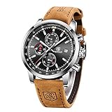 BENYAR Herrenuhr Braun Leder Strap Chronograph Quarz Uhr Männer Datum Kalender Wasserdicht Armbanduhr Herren Sport mit Blau/Schwarz Zifferblatt Elegantes Geschenk