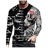 Herren Casual 3D Gedruckt T-Shirts Loose Fit Rundhals Kette Schädel Gedruckt Langarmshirt Frühling Herbst Atmungsaktiv Leicht Tops Punk Bluse Hip Hop Kostüm Bequem Streetwear Weich, BK3, XXXXX-Larg