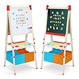 Innedu Kinder Staffelei, Groß Holz-Doppelseitige Kindertafel, Spielzeug zeichnen mit Buchstaben, Zahlen, Kreiden und Farbstift, Kunstspielzeug Geschenk für Kinder ab 3-16 J