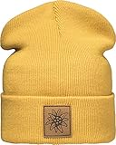 Outdoor Strickmütze: Edelweiß mit Leder Patch - Berg-steigen Klettern Bouldern Sport Wandern Gebirgsjäger Bundeswehr Wintermütze Beanie Mütze Damen & Herren Frau-en & Männer Geschenk (One Size Gelb)