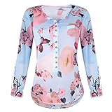 Boho Blusen Damen Elegante Oberteile Blumen V-Ausschnitt Tunika T-Shirt mit Rüschen Langarm Vintage Tops mit Spitze Freizeit Chiffon Bluse Manschetten-Ärmel Locker S