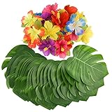 KUUQA 60 Stück Tropical Party Dekoration liefert 8 'Tropical Palm Monstera Blätter und Hibiskusblüten, Simulation Blatt für hawaiische Luau Party Jungle Beach Thema Tischdek