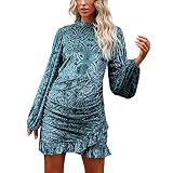 Sexy Samt-Blumenmuster für Damen, rückenfrei, gerüschtes Kleid, hoher Ausschnitt, langärmelig, geprägtes Temperament-Rüschenmuster, figurbetonter Tulpenrock, blau, M