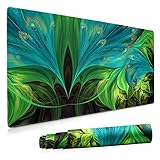 Schreibtischunterlage Pfauenfeder Groß Gaming Mauspad XXL 900x400mm XXL Mousepad Rutschfester Gummibasis Wasserdichte Vernähte Kanten Schreibunterlage Tischunterlage Large Size für Gamer Bürop