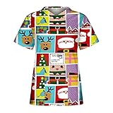 Damen Schlupfkasack Pflege Kasack Nurse Uniformen Kurzarm V-Ausschnitt Krankenschwester T Shirts Tops Cartoon Print Bluse Atmungsaktiv Arbeitsuniform Krankenpfleger Berufsbekleidung mit T