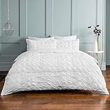Sleepdown Rouched Pleat White Bedding Single Bettbezug-Set mit Kissenbezügen, gerüschte Falten, weiße Biesen, pflegeleicht, weich, für Einzelbett (135 x 200 cm), Baumwollmischung