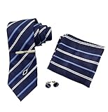 KRUIHAN 4 Pcs Klassisch Elegant Herren Krawatten Set - Krawatte Weihnachten mit Manschettenknöpfe und Krawattennadel,Geschenke für Männer(Navy Blau)