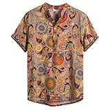 Frühling Shirts Herren Kurzarm Leinenhemden Freizeithemd Einfarbig Tops Band Kragen Henley Hemden Knopf Grandad T-Shirts Sommer Blusen für Männer Leicht Slim Retro T Shirts Verkauf Clearance, gelb, 95