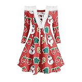 TTWOMEN Weihnachten Damen Pelzkragen Trägerloses Minikleid Lace-up Retro Print Plüsch Langarm Partyk