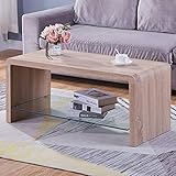 GOLDFAN Couchtisch Glas Hellbraun Holz Rechteckiger Tisch Wohnzimmertisch TV Tische Modern Kaffetisch für Schlafzimmer Bü