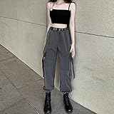 JFMTHS Harajuku Cargohose Damen Gothic Punk Schwarze Hose Frühling Grau Übergroße Hippie Hose Japanische Streetwear Hose,grau,XL