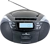 SCHWAIGER 658026- Tragbarer CD-Player mit Kassette und Radio MP3 USB Anschluss FM Radio AUX Kopfhörer Boombox Stereo für zuhause und unterwegs Netz- und Batteriebetrieb Display