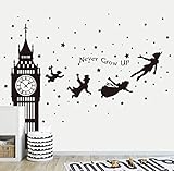 Runtoo Wandtattoo Peter Pan Sprüche Wandsticker Big Ben Schwarz Wandaufkleber Kinderzimmer Baby