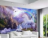 Tapete 3D Wandbild Blauer Himmel Regenbogen Einhorn Fototapete 3D Effekt Vliestapete Wohnzimmer Schlafzimmer Wanddek