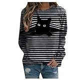 Geilisungren Damen Casual Rundhalsausschnitt/V-Ausschnitt Tier Katze Bedrucktes Streifen T-Shirt Langarm Oberteile Lose Blusen Top