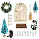 PONSEY Wichteltür Weihnachten Set Wichteltür Zubehör Miniatur Wichtel Set Zubehör mit Weihnachtsbaum Weihnachtskranz Fußmatte Stiefel Laterne Leiter Zaun für Weihnachten Garten Dek