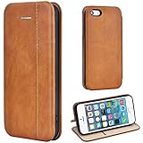 Leaum iPhone SE Hülle, iPhone 5S Handyhülle Lederhülle Flip Case für Apple iPhone SE / 5S / 5 Schutzhülle Leder (Braun)