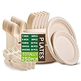 Pappteller Set,Biologisch Abbaubares Einweggeschirr aus Zuckerrohr,Kompostierbare Robuste Einwegteller,Umweltfreundliche Pappteller Set,18cm/23cm Teller Gabel Messer Löffel für 50 Personen (250 Stück)