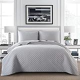 puredown® 3er Tagesdecke Set, Grau Tagesdecke und Zwei Kissen Bezug Schlafzimmer- Bettüberwurf für Bett, genäht Wohndecke mit Punktstickerei , Komfort und Weich 220*240cm /50*75cm*2